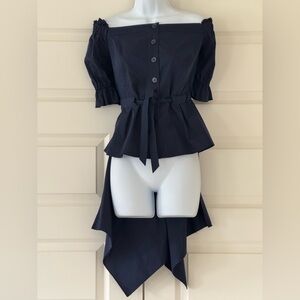 Blue Asymmetrical Peplum Blouse with Tie Front